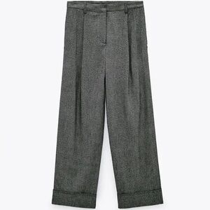 ZARA Cropped Dad Wide Leg Trouser Pants in Grey Herringbone Size S